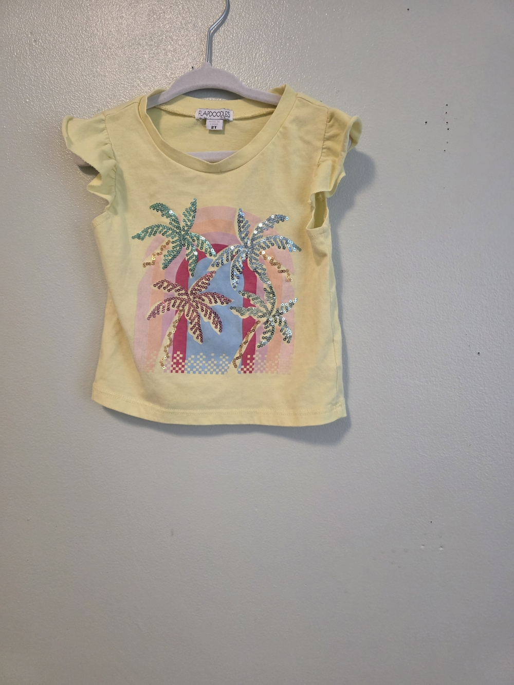 Flapdoodles Yellow Sequin Palm Tree Ruffle Sleeve Tee